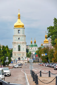 The building of the ancient bell tower of the famous st. sophia cathedral in kyiv on a summer day. 