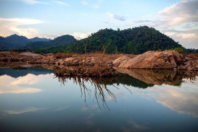 Scenic view of lake and mountains against sky