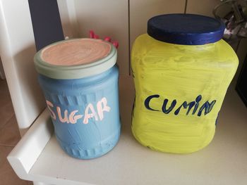 High angle view of drink in jar on table