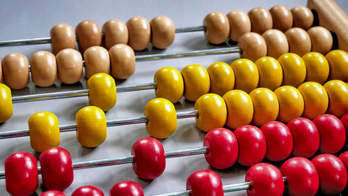 Close-up of multi colored abacus on table