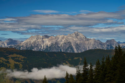 Scenic view of snowcapped mountains against sky