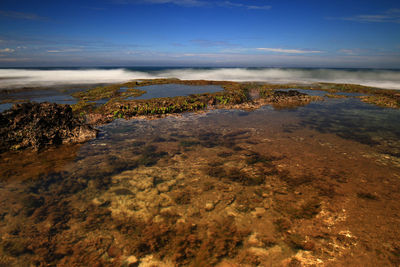 Scenic view rock formation at beach with blue sky