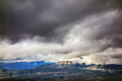 Scenic view of mountains against cloudy sky