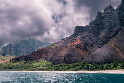 Scenic view of sea and mountains against sky
