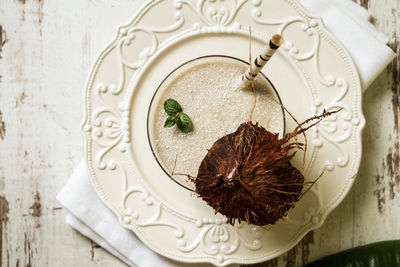 High angle view of food in plate on table
