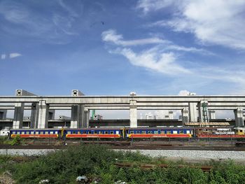 Train on railroad tracks against sky