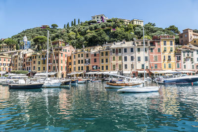 The bay of portofino with many colorful facade