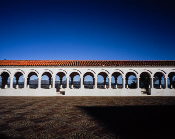 Low angle view of building against clear blue sky