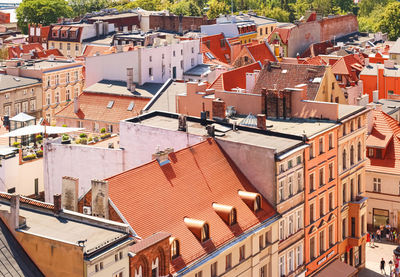 High angle view of houses in city