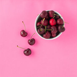 High angle view of cherries in bowl