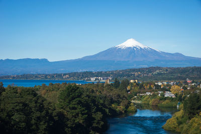 Scenic view of mountains against clear blue sky