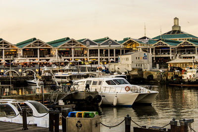 Boats moored at marina