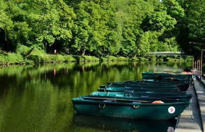 Boats moored in lake