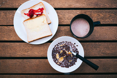 Directly above shot of breakfast served on table