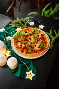 High angle view of food in plate on table