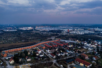 High angle shot of townscape against sky