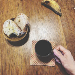 High angle view of person preparing food on table