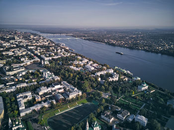 High angle view of river amidst buildings in city