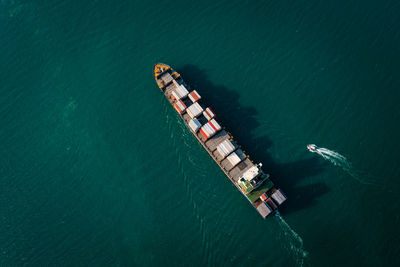 High angle view of ship in sea