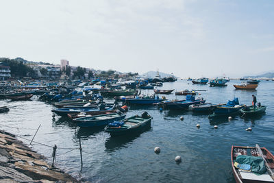 High angle view of boats moored in harbor