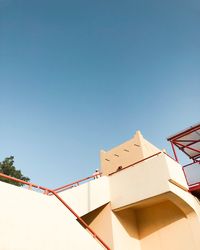 Low angle view of building against clear blue sky