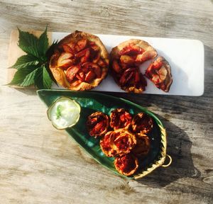 Directly above shot of peach tart on table