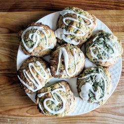 High angle view of bread in plate on table