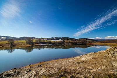 Scenic view of lake against blue sky