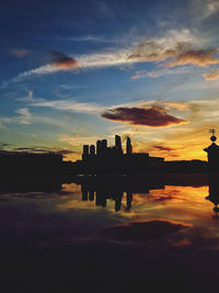 Silhouette buildings by lake against sky during sunset