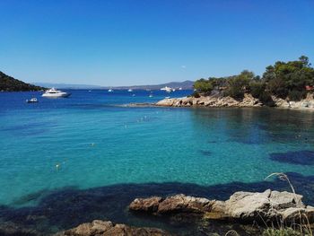 Scenic view of sea against clear blue sky