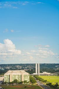 High angle view of buildings against sky