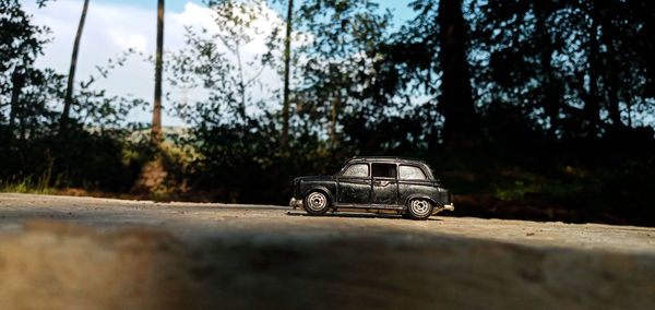 Toy car on road against trees