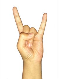 Close-up of human hand against white background