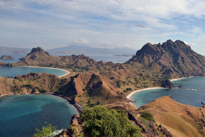 Scenic view of sea and mountains against sky