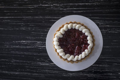 High angle view of cake in plate on table