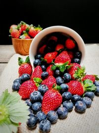 Close-up of berry fruits spilling from bowl on table