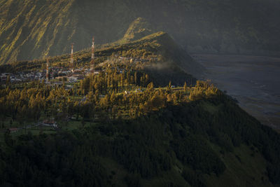 Sunny day sunrise at cemoro lawang village in probolinggo, east java, indonesia