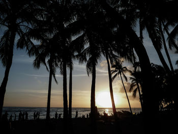 Silhouette palm trees on beach against sky during sunset