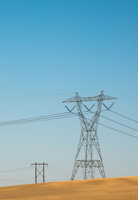 Low angle view of electricity pylon on field against clear sky