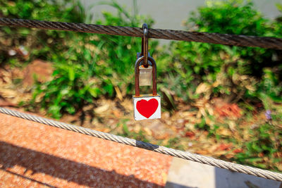 Close-up of padlocks on railing