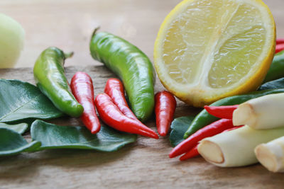 Close-up of chili peppers on table