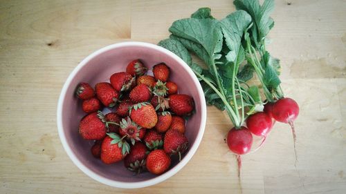 High angle view of strawberries in bowl on table