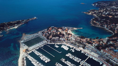 High angle view of buildings in city