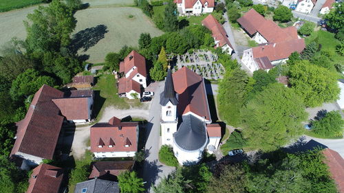 High angle view of houses and trees