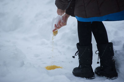 Low section of person pouring seeds on snow during winter