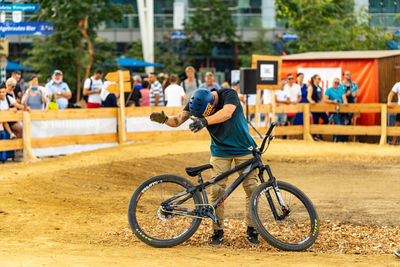 People riding bicycle in city