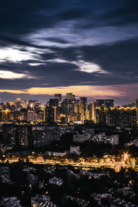 High angle view of illuminated cityscape against sky during sunset