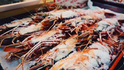Close-up of prawns for sale at fish market