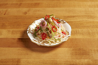 High angle view of food served on table