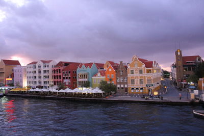 River by cityscape against sky